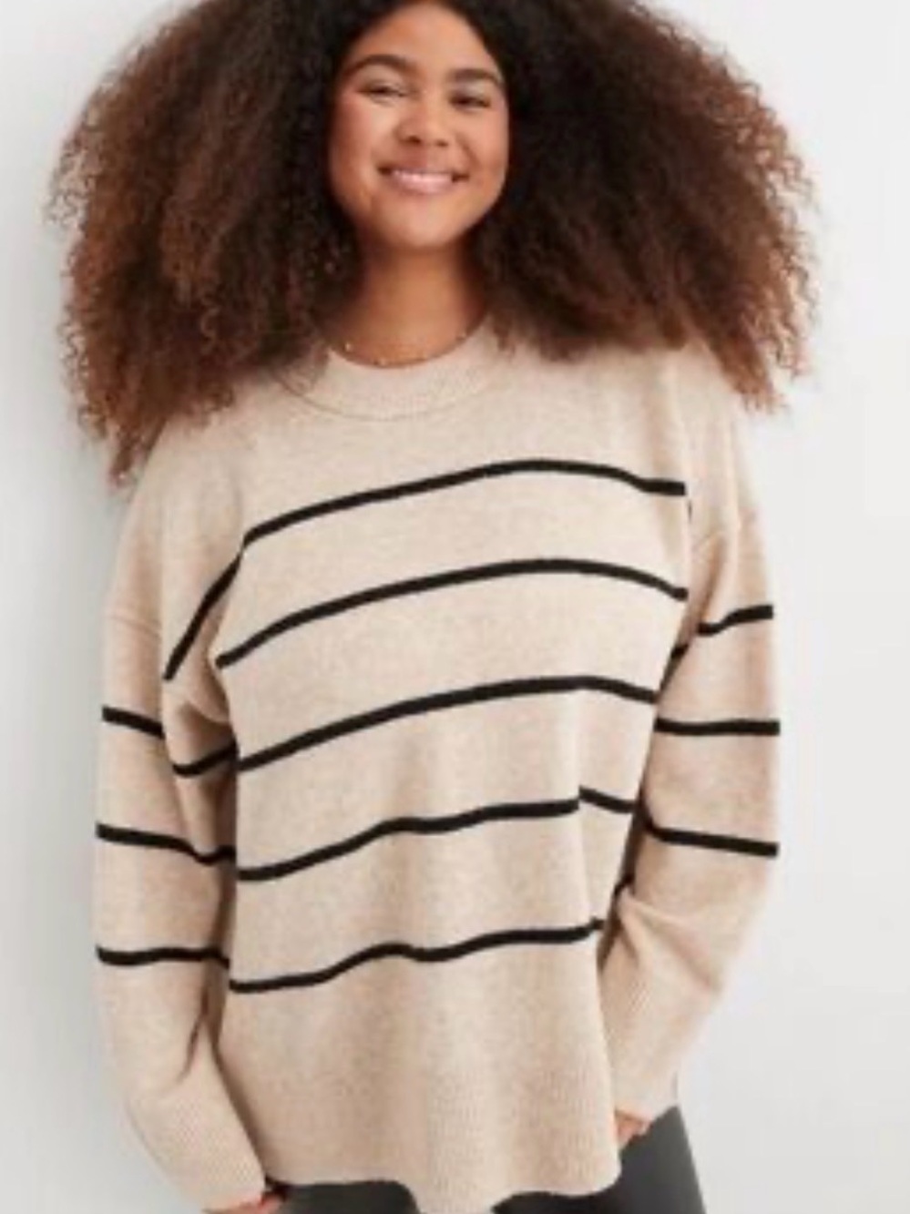 aerie Beige and Black Striped Crewneck Sweater